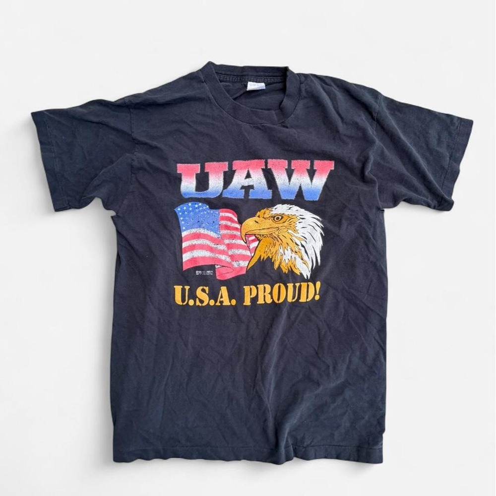 Vintage Fruit of the Loom UAW USA Eagle Graphic Tee Black Distressed 90s Y2K L